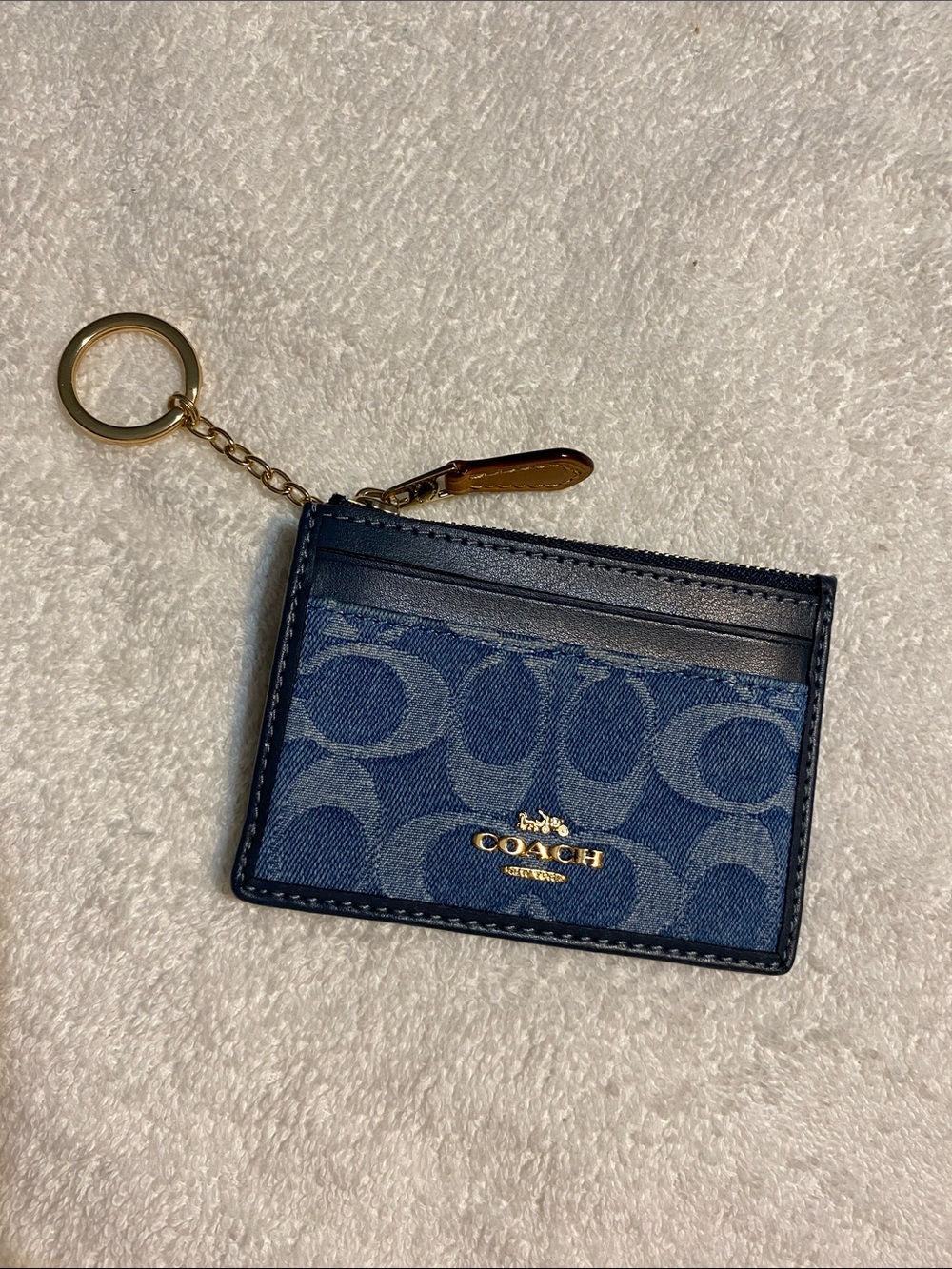 Coach Denim Monogram Card Case Keyring in Blue and Navy